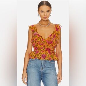 Veronica Beard Randa Ruffle Silk Top Orange Floral